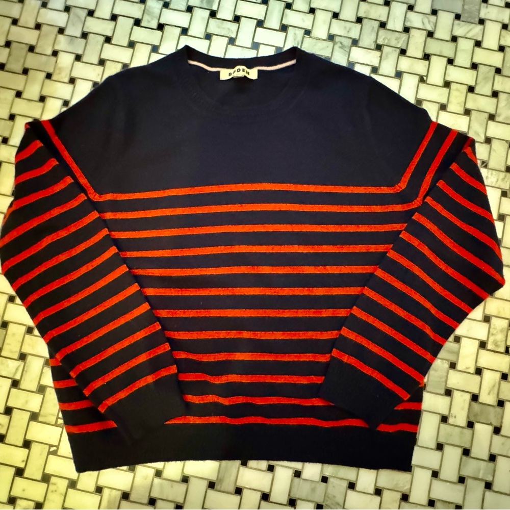 Boden Woman’s Cashmere Striped Crewneck Sweater - Navy and Red